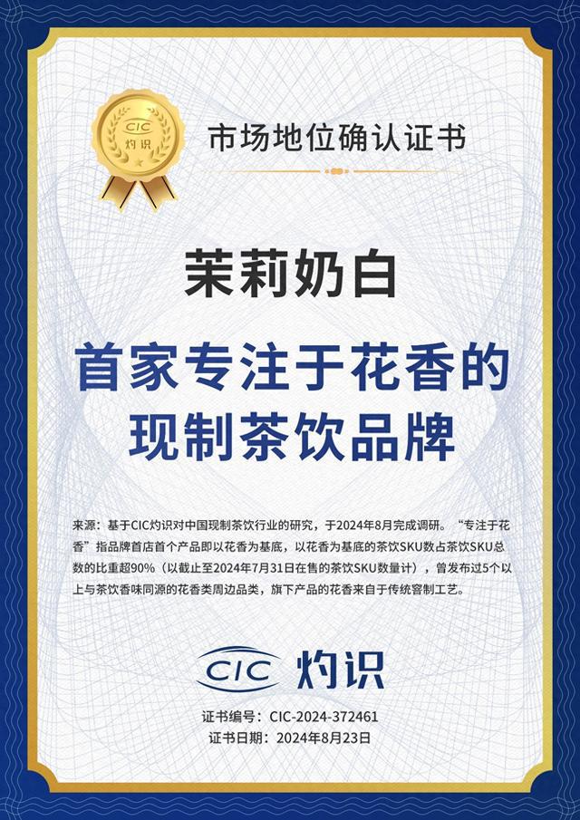 茉莉奶白获CIC灼识咨询“首家专注于花香的现制茶饮品j9九游牌”市场地位认证